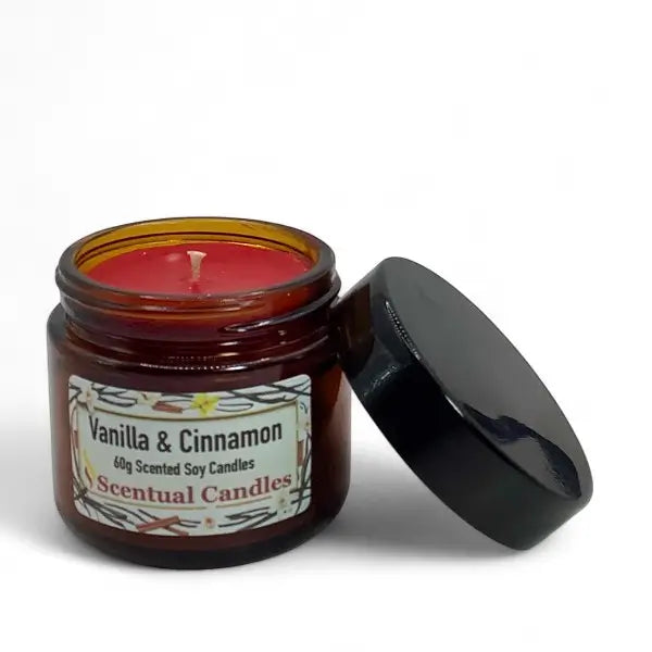 Scentual candles jar with 'Vanilla & Cinnamon' label on a white background