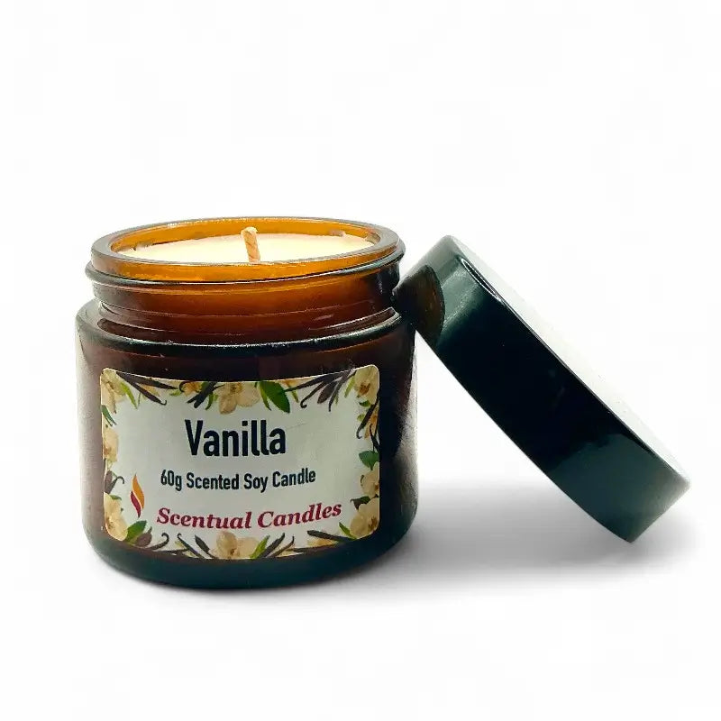 Vanilla scented candle in a glass jar with a label on a white background