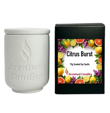 Citrus Candle and packaging, featuring Citrus Burst scent with bright fruits and florals for an uplifting aroma.