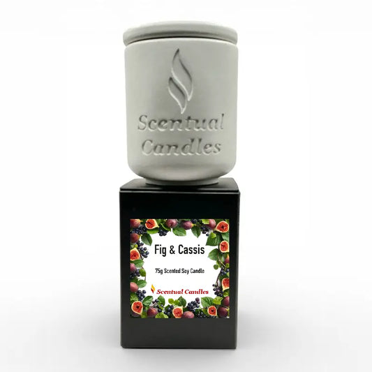 Fig and Cassis scented soy candle in decorative jar with fruity and botanical design
