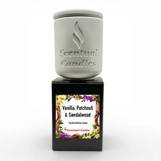 Vanilla Patchouli and Sandalwood Scented Soy Candle