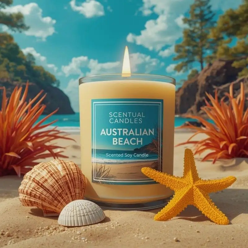 Beach Candle on a sandy beach with seashells and starfish, embodying Australian beach vibes.