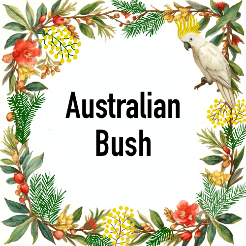 Australian Bush Candle packaging with eucalyptus, lemon myrtle, and pine design, featuring native birds and flora.