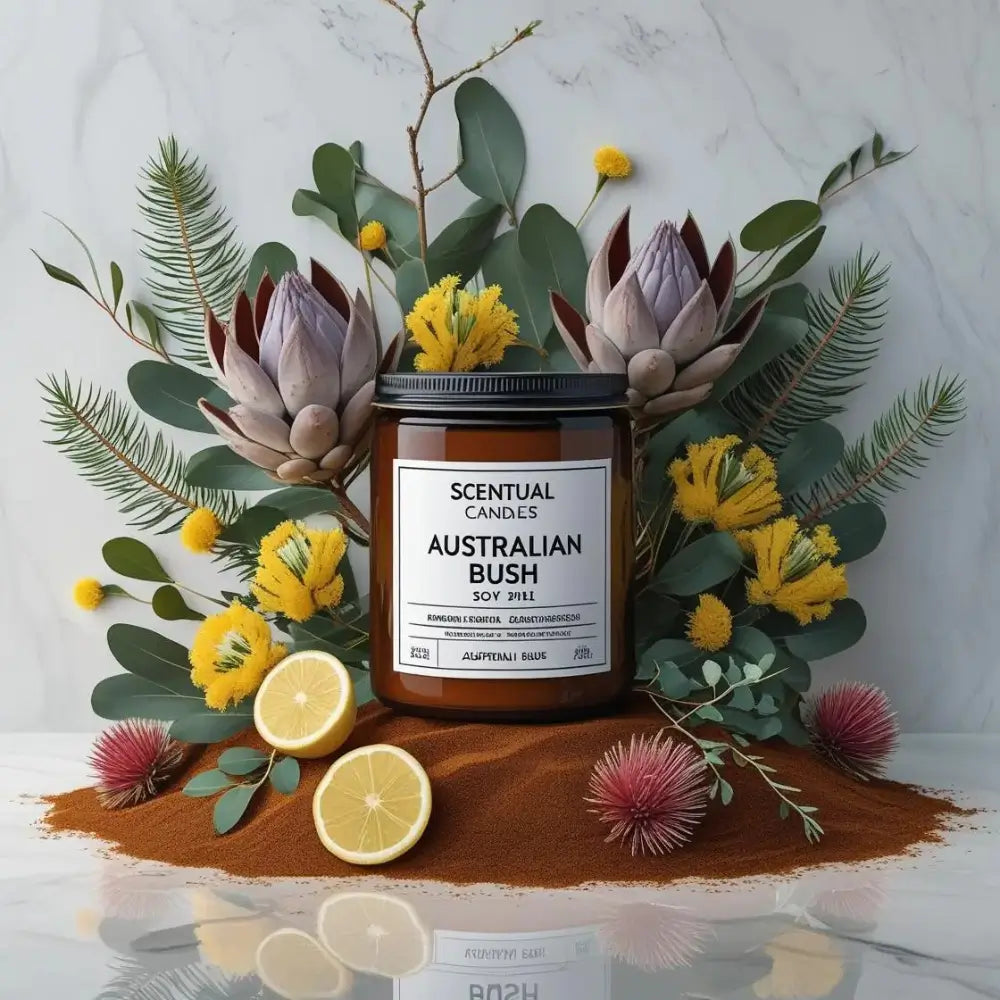 Scentual Candles Australian Bush candle surrounded by greenery and flowers on a marble background