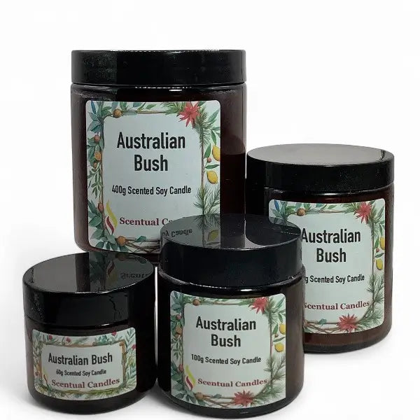 Set of scented soy candles labeled 'Australian Bush' on a white background