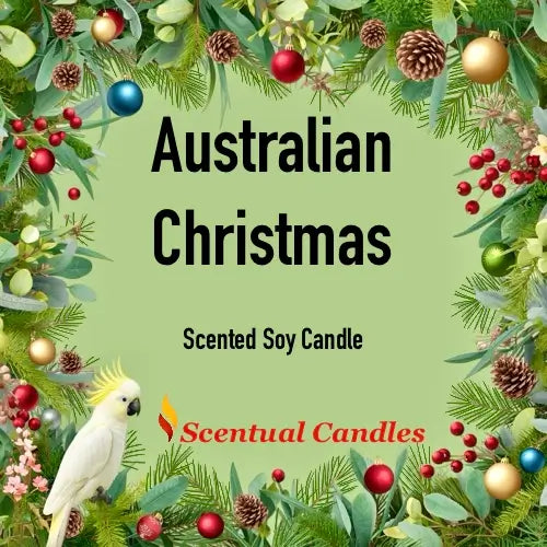Australian Christmas scented soy candle with festive design and greenery.