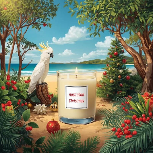 Australian Christmas scented soy candle on a beach with holiday decorations and a cockatoo