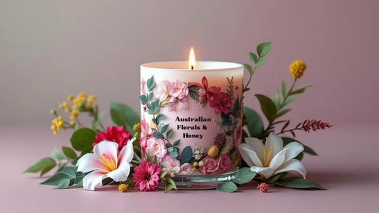 Floral-patterned candle with 'Australian Florals & Honey' text, surrounded by flowers and leaves on a pink background