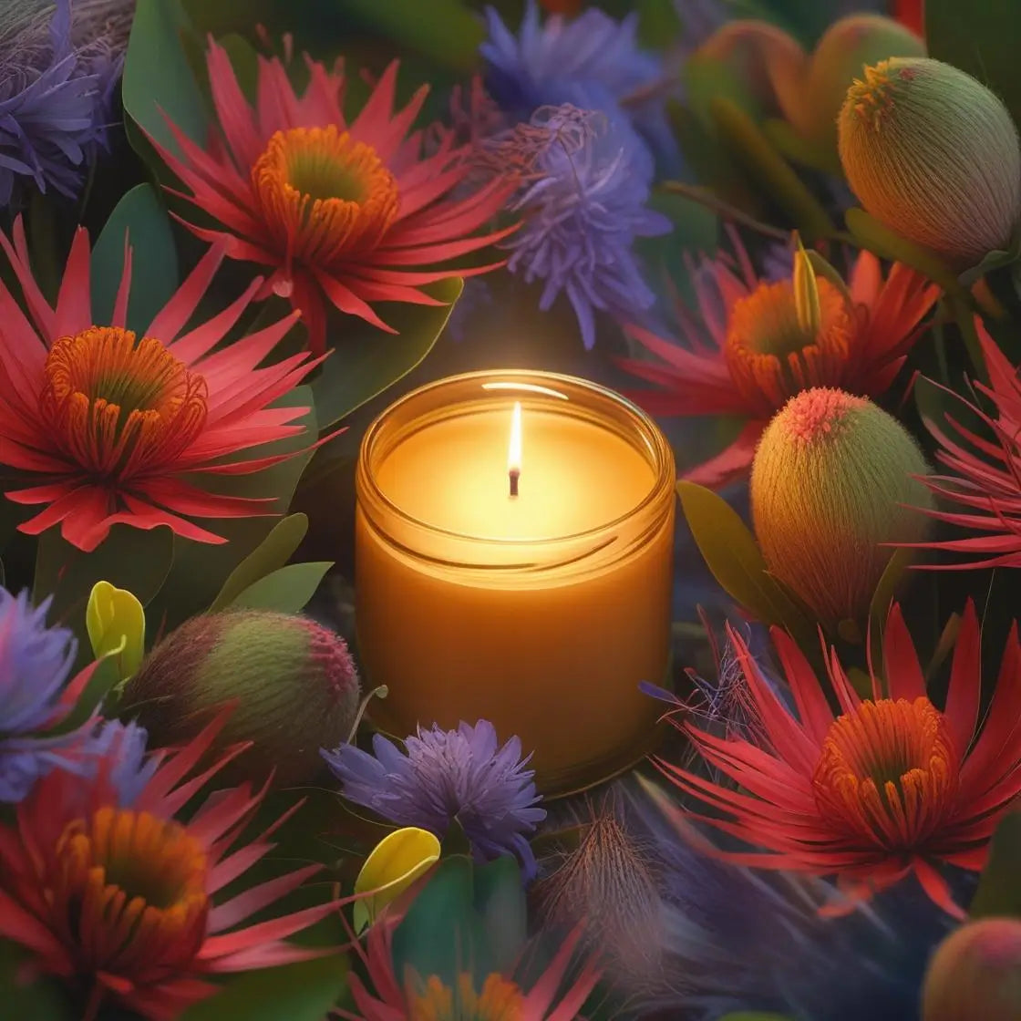Candle burning amidst colorful Australian native flowers