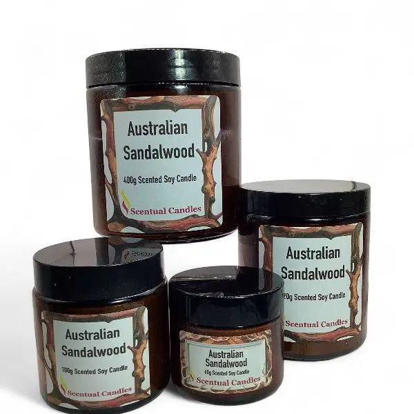 Collection of Australian Sandalwood candles with labels on a white background