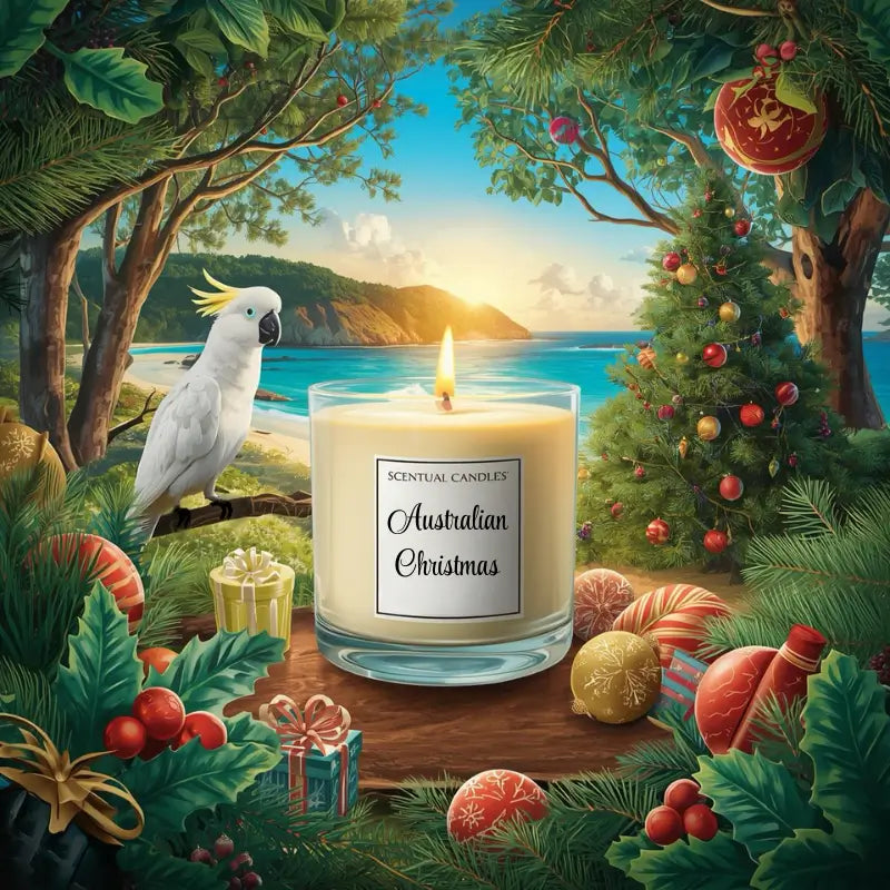 Australian Christmas scented soy candle surrounded by festive decorations, beach backdrop, and cockatoo.