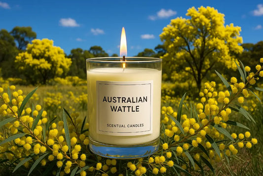 Candle labeled 'Australian Wattle Scented' in a field of yellow flowers with a blue sky.