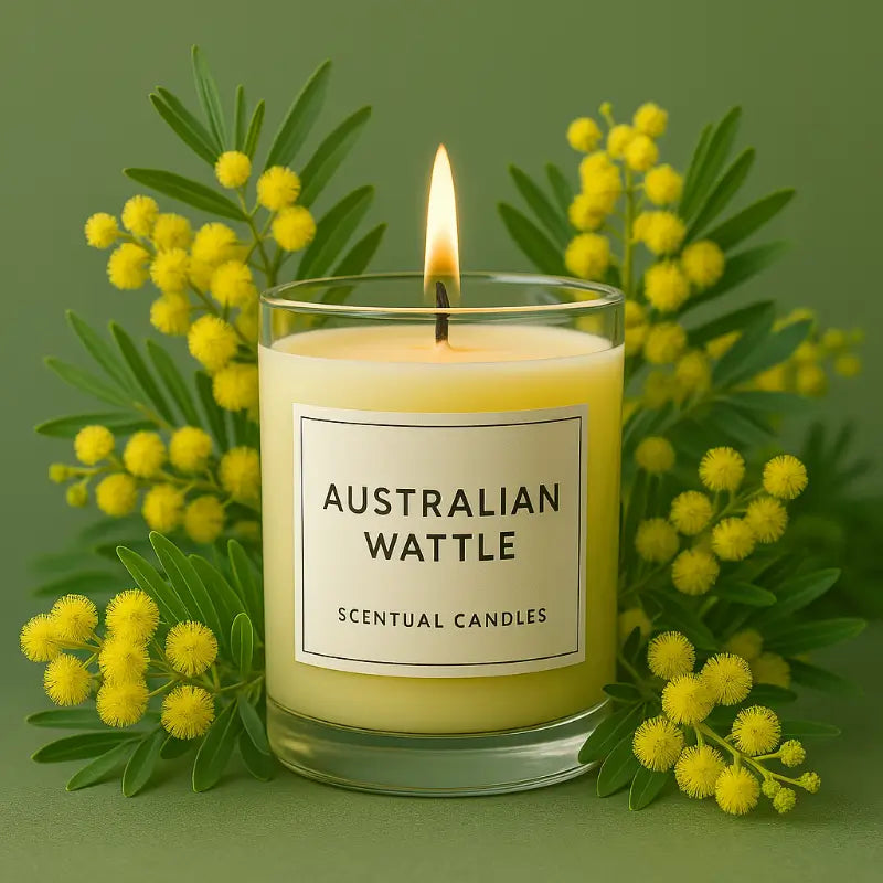Candle labeled 'Australian Wattle Scented' surrounded by yellow flowers on a green background