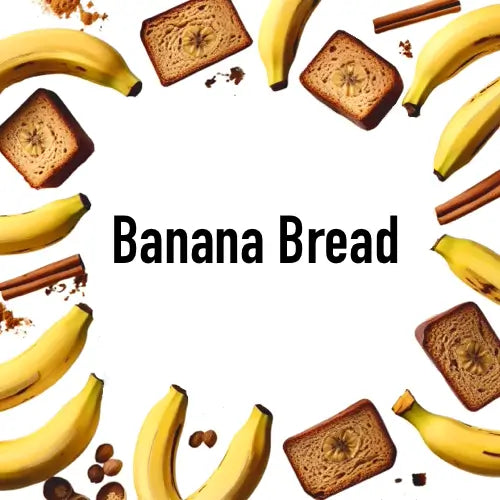 Banana Bread Candle with soy wax, surrounded by bananas, bread slices, and spices, evoking the scent of fresh banana bread.