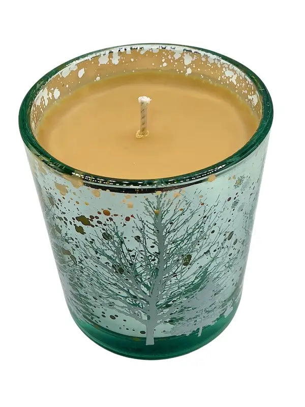 Christmas Candles in Decorative Glass with etched trees and festive design.