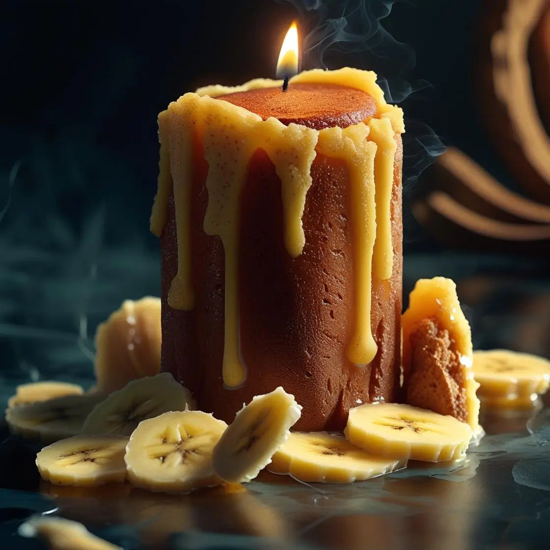 Candle with caramel and banana slices on a dark background