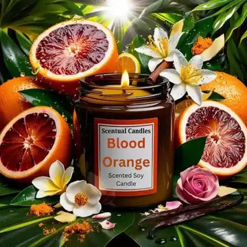 Scentual Candles Blood Orange candle surrounded by sliced oranges and flowers on a green leafy background
