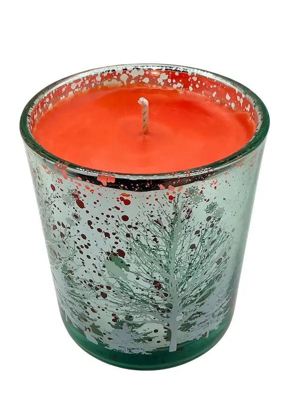Christmas Candles in Decorative Glass with festive tree design, hand-poured red candle in metallic silver glass holder.