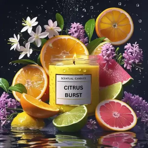 Citrus Candle labeled 'Citrus Burst' surrounded by sliced citrus fruits and flowers on a reflective surface.