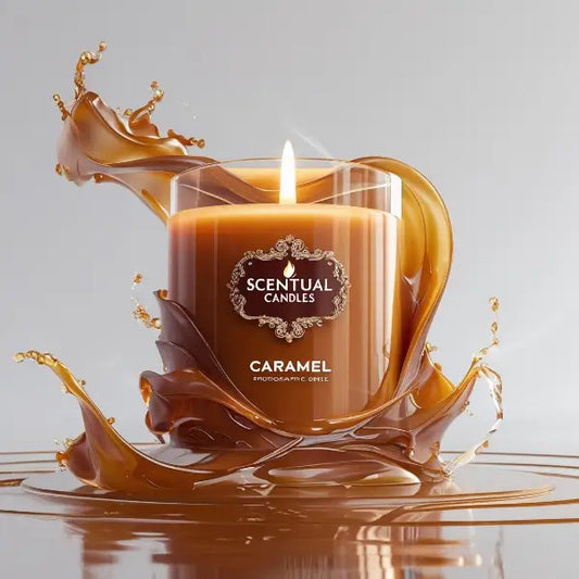 Caramel Candle - Scented Soy Indulgence surrounded by caramel splash, showing its sweet and buttery aroma.