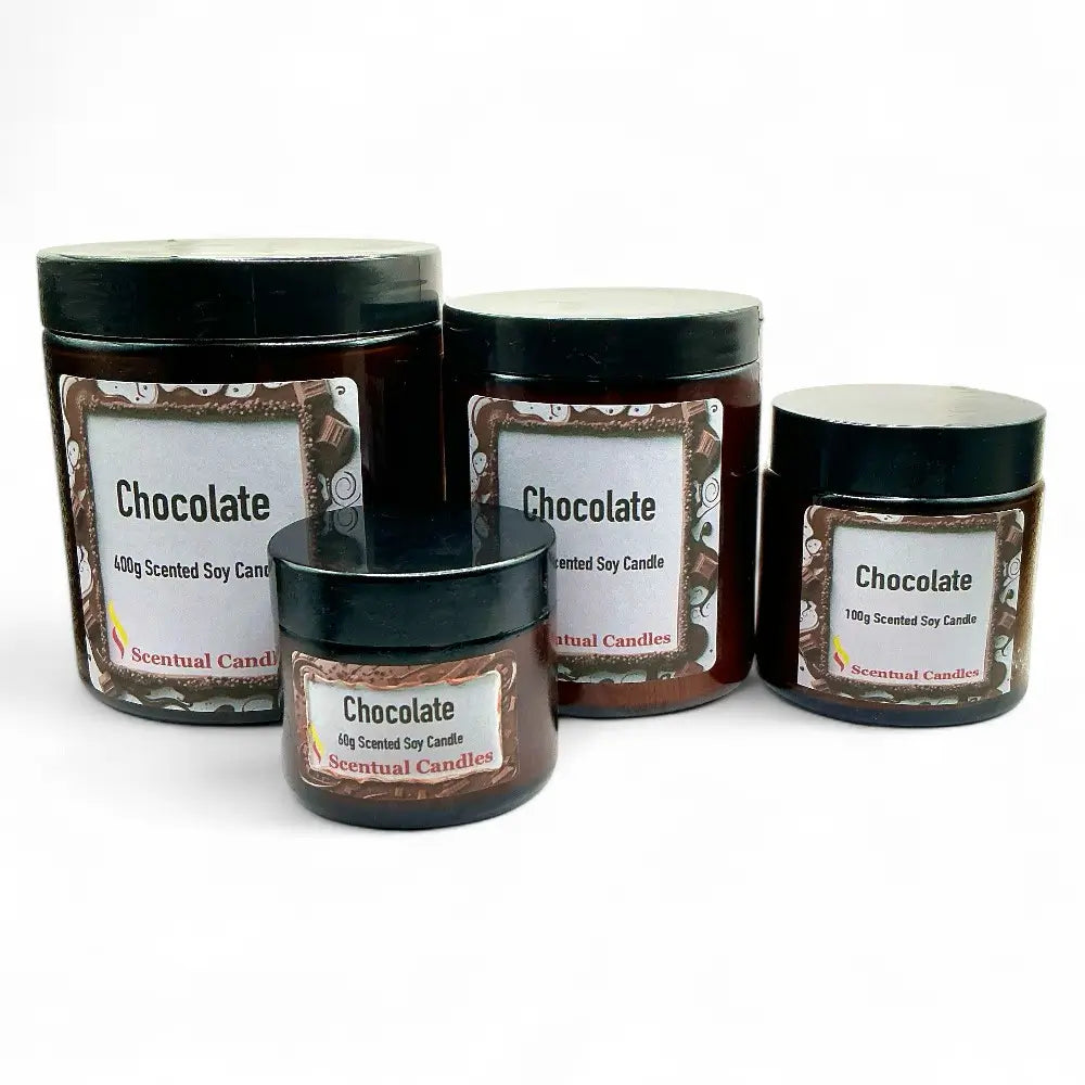 Four chocolate-scented candles with labels on a white background