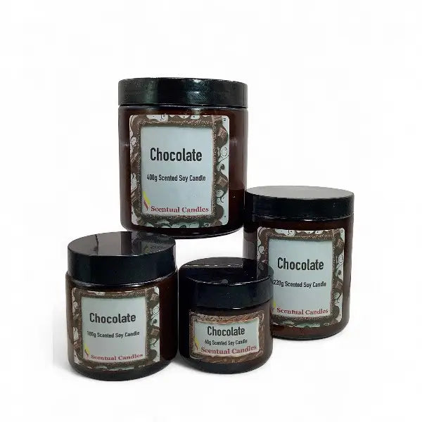 Four containers of 'Chocolate' scented candles on a white background