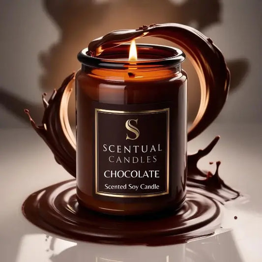 Chocolate candle with 'Scentual Candles' branding on a reflective surface.