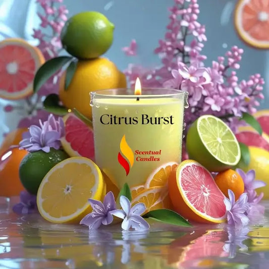 Citrus candle surrounded by fruits and flowers