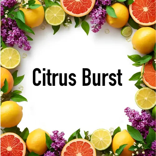Citrus Candle label with fruit and flower arrangement with 'Citrus Burst' text on a white background