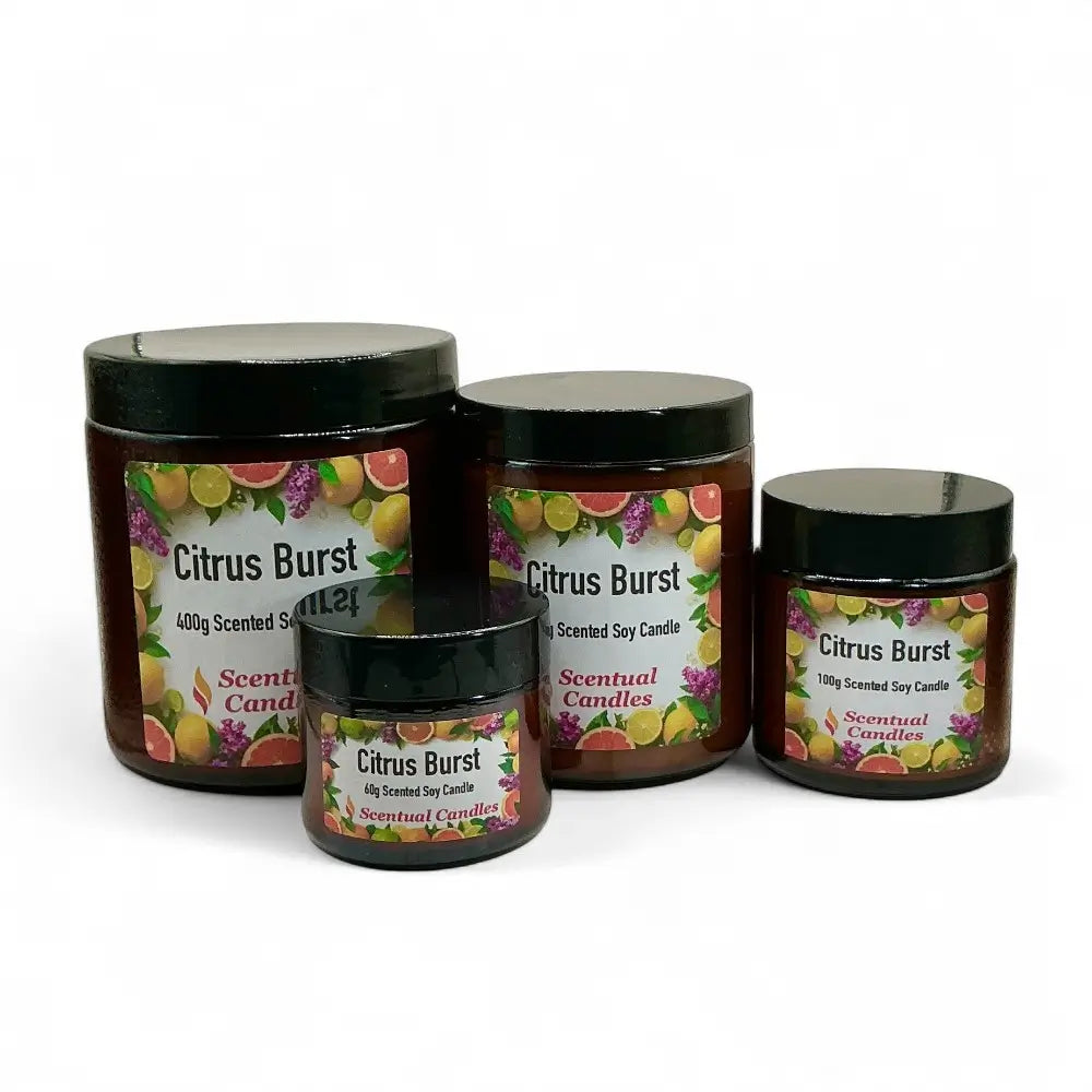Four Citrus Burst scented candles of different sizes on a white background