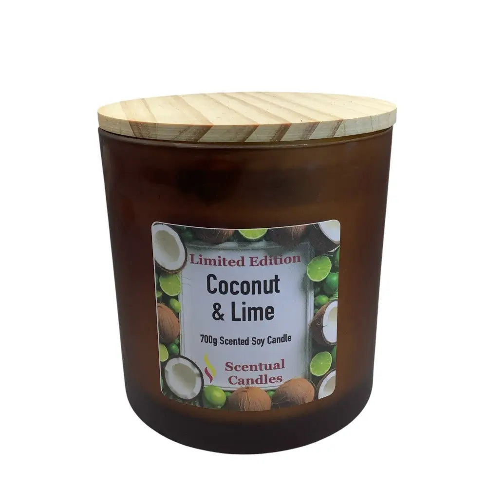 Coconut and lime scented candle with a wooden lid on a white background