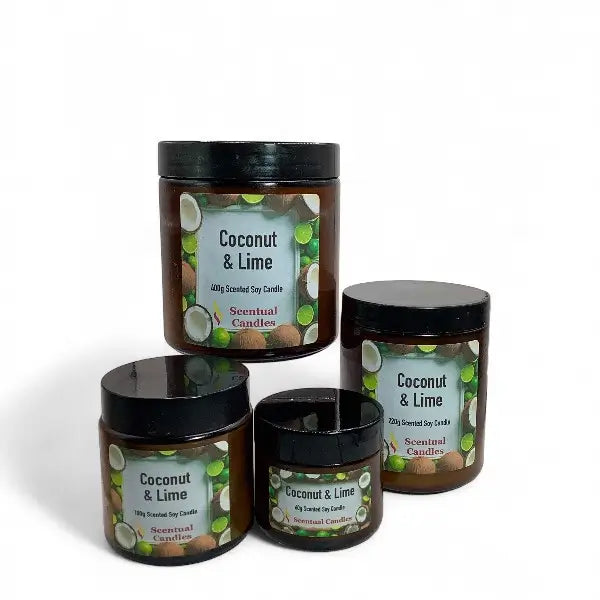 Four coconut and lime scented candles with labels on a white background