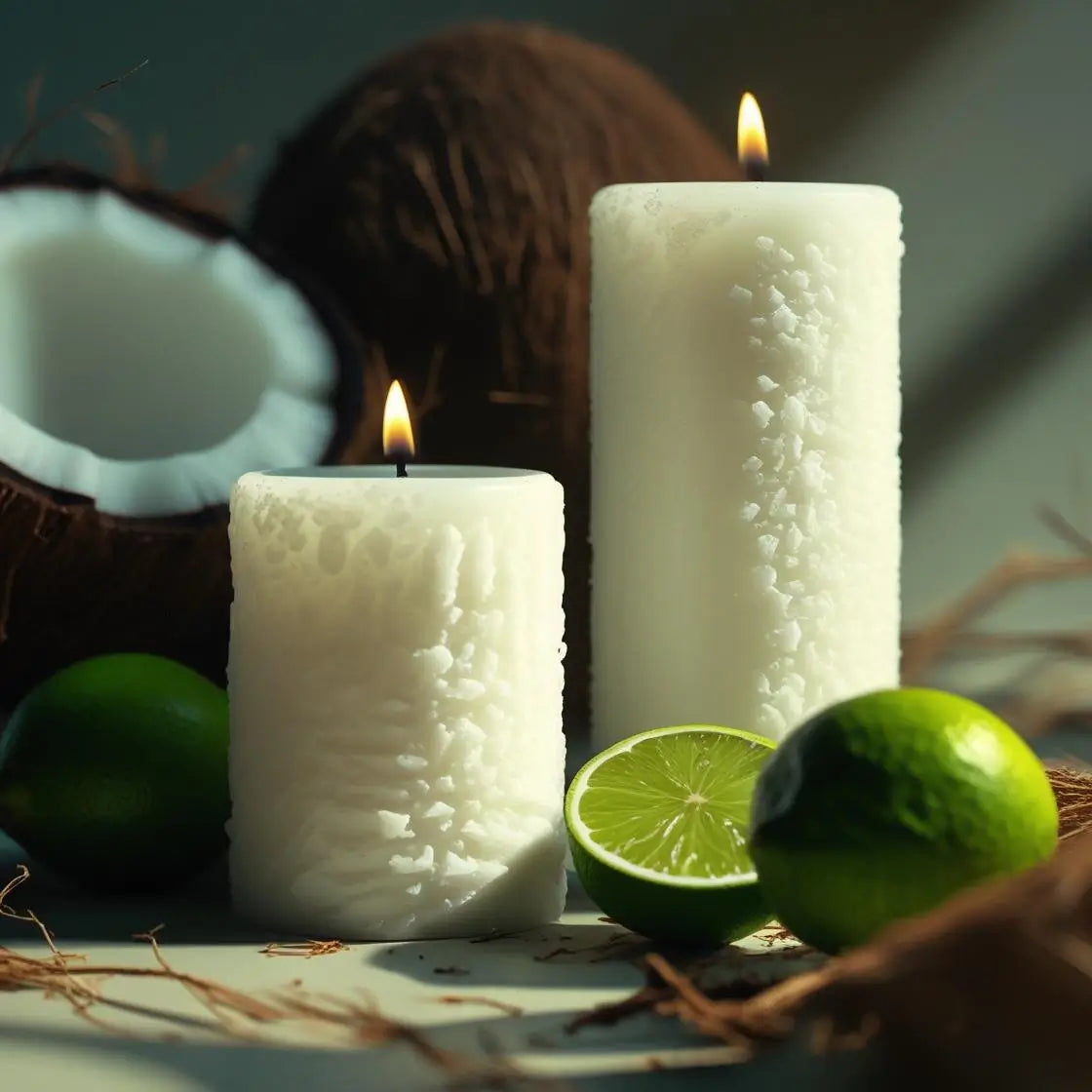 Two white candles with a halved lime and coconut on a textured surface.
