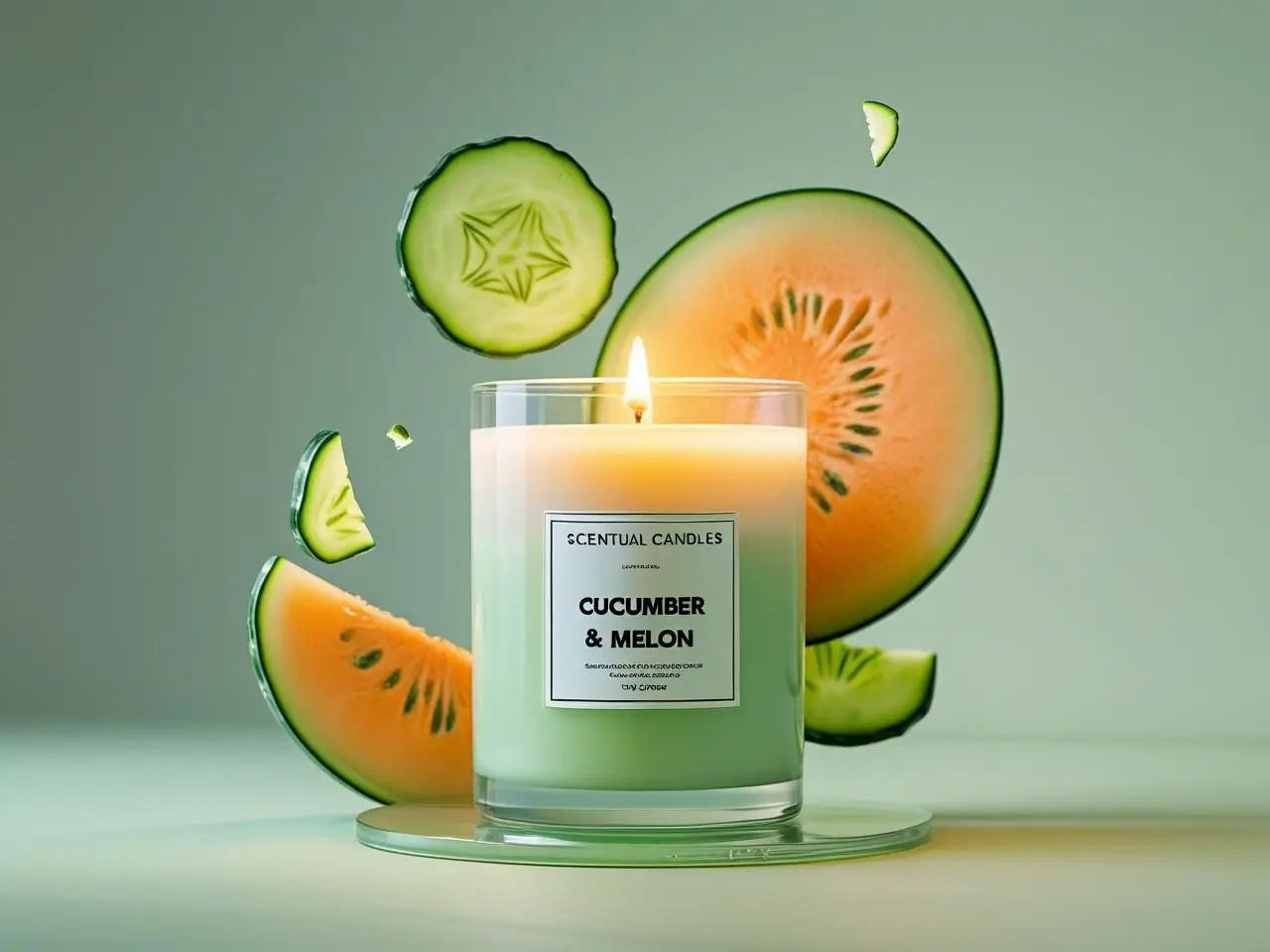 Candle labeled 'Cucumber & Melon' with slices of cucumber and melon around it on a light background