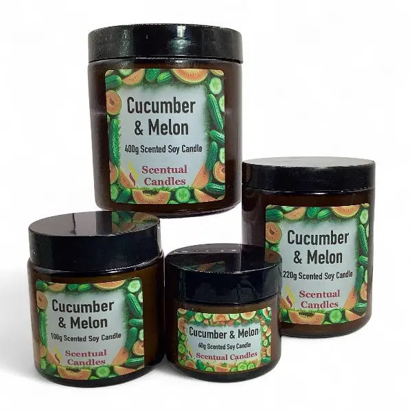 Set of Cucumber & Melon scented candles with labels on a white background