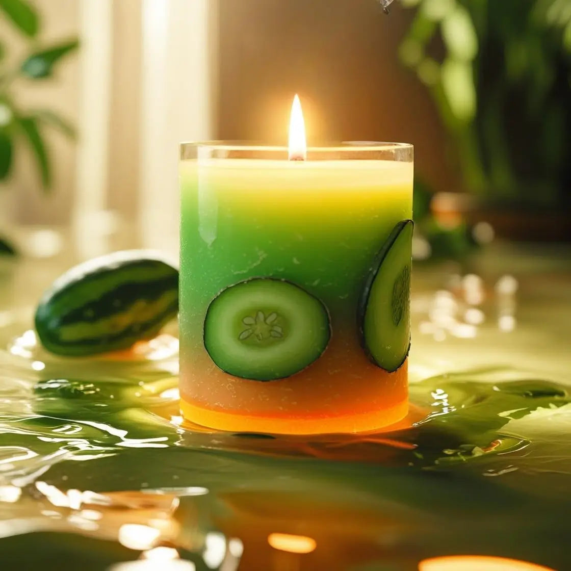 Candle with sliced cucumber and melon in a glass container on water, surrounded by greenery.