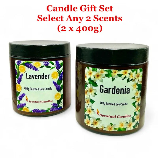 Two scented candles with labels for Lavender and Gardenia, part of a candle gift set.