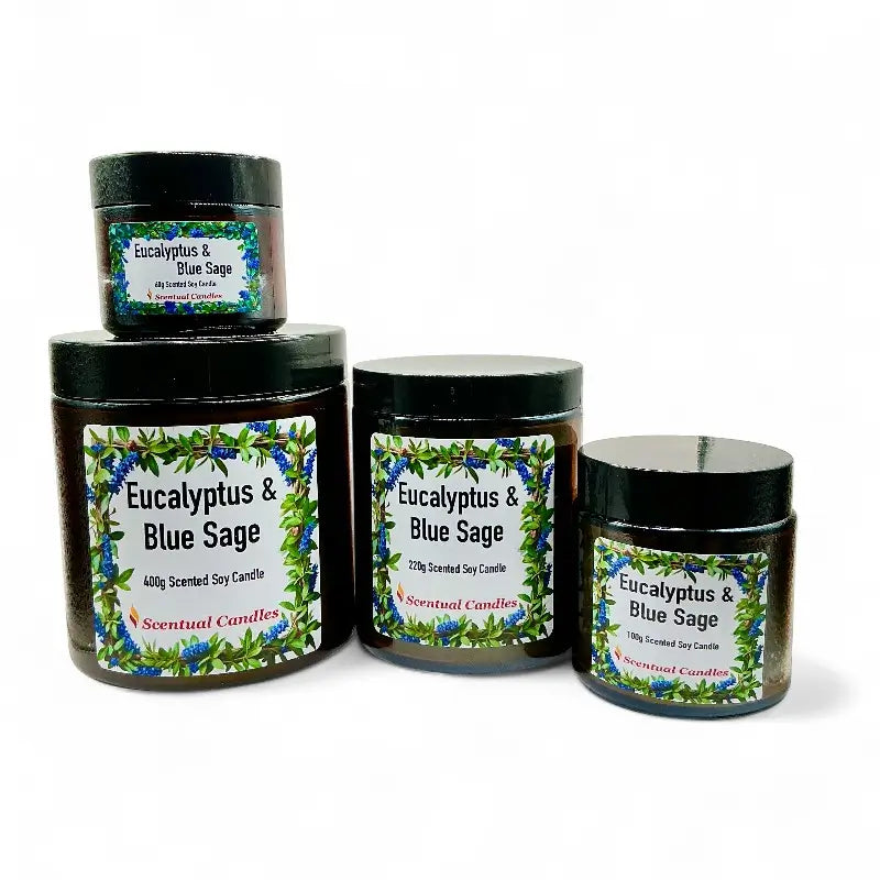Four jars of Eucalyptus candle with labels on a white background