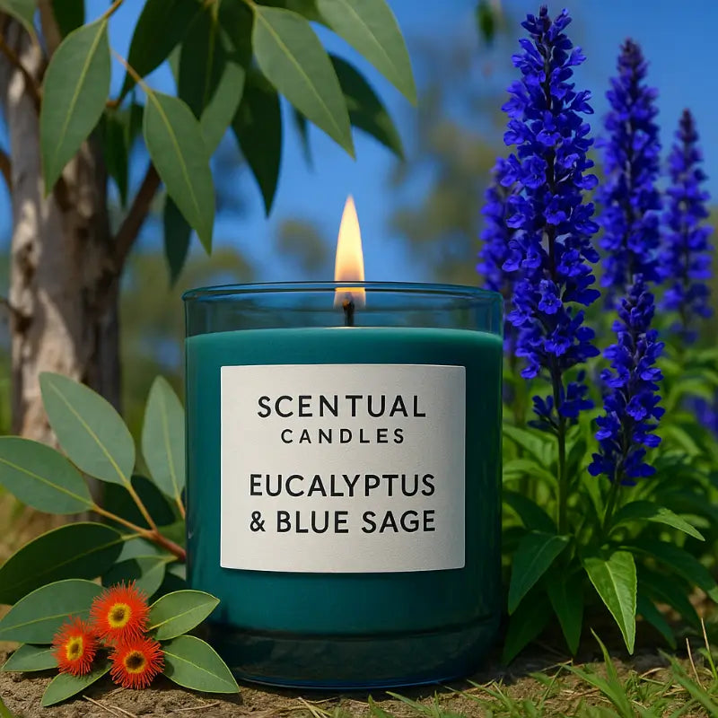 Eucalyptus candle labeled 'Eucalyptus & Blue Sage' in a natural setting with plants and flowers.