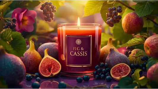 Fig and Cassis scented soy candle surrounded by figs and berries, exuding rich summer aroma and elegant botanical notes.