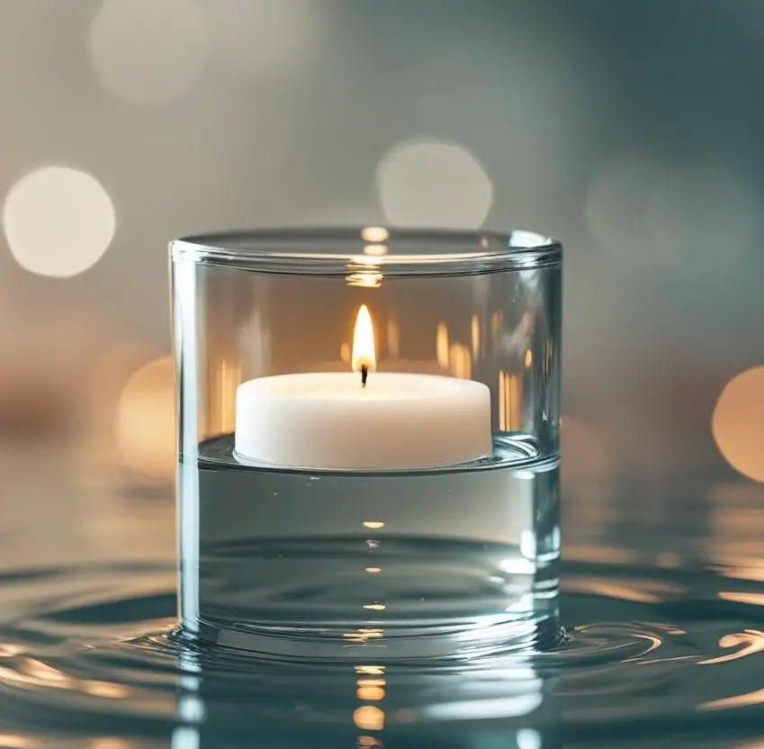 White candle in a clear glass holder floating on water with a blurred bokeh background