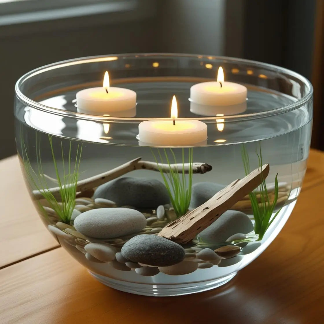 Glass bowl with water, stones, driftwood, and floating candles on a wooden surface.
