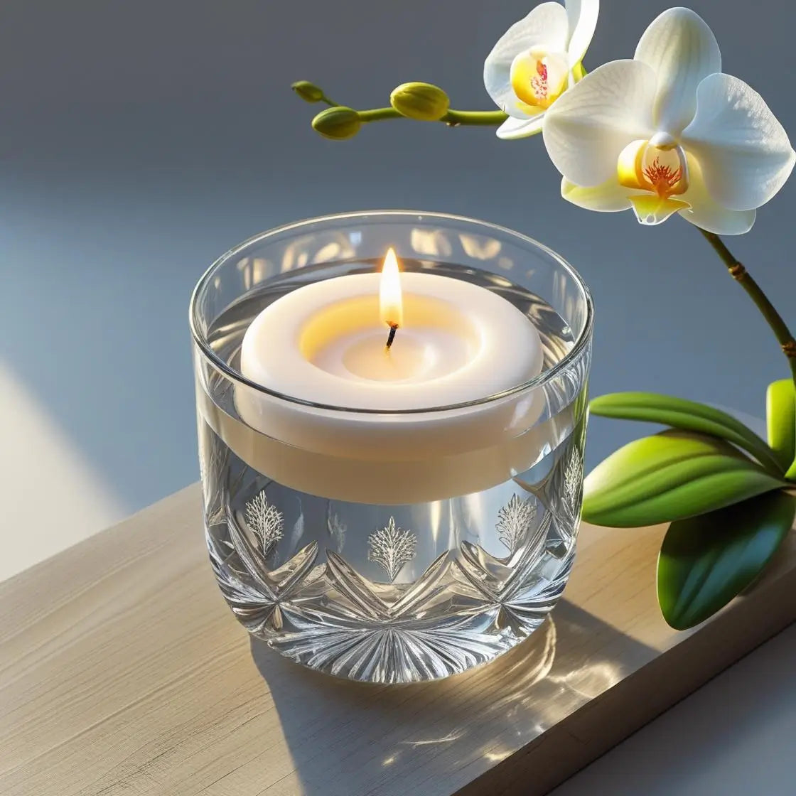 Candle in a glass holder with an orchid on a wooden surface