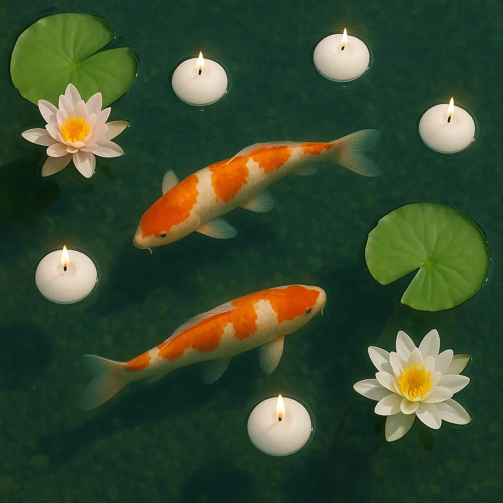Two orange and white koi fish swimming among floating candles and water lilies on a dark green background.