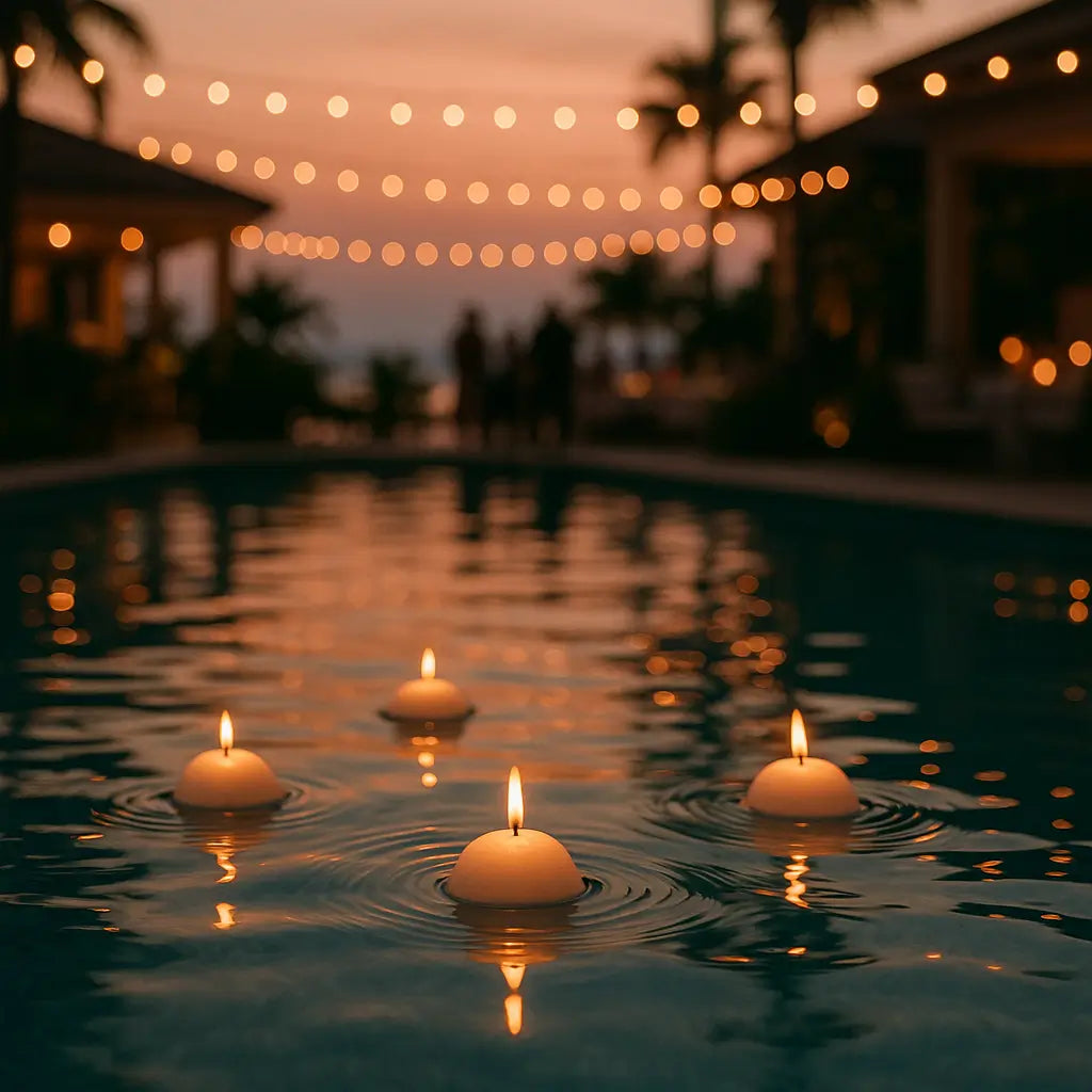 Candles floating in a pool with string lights in the background
