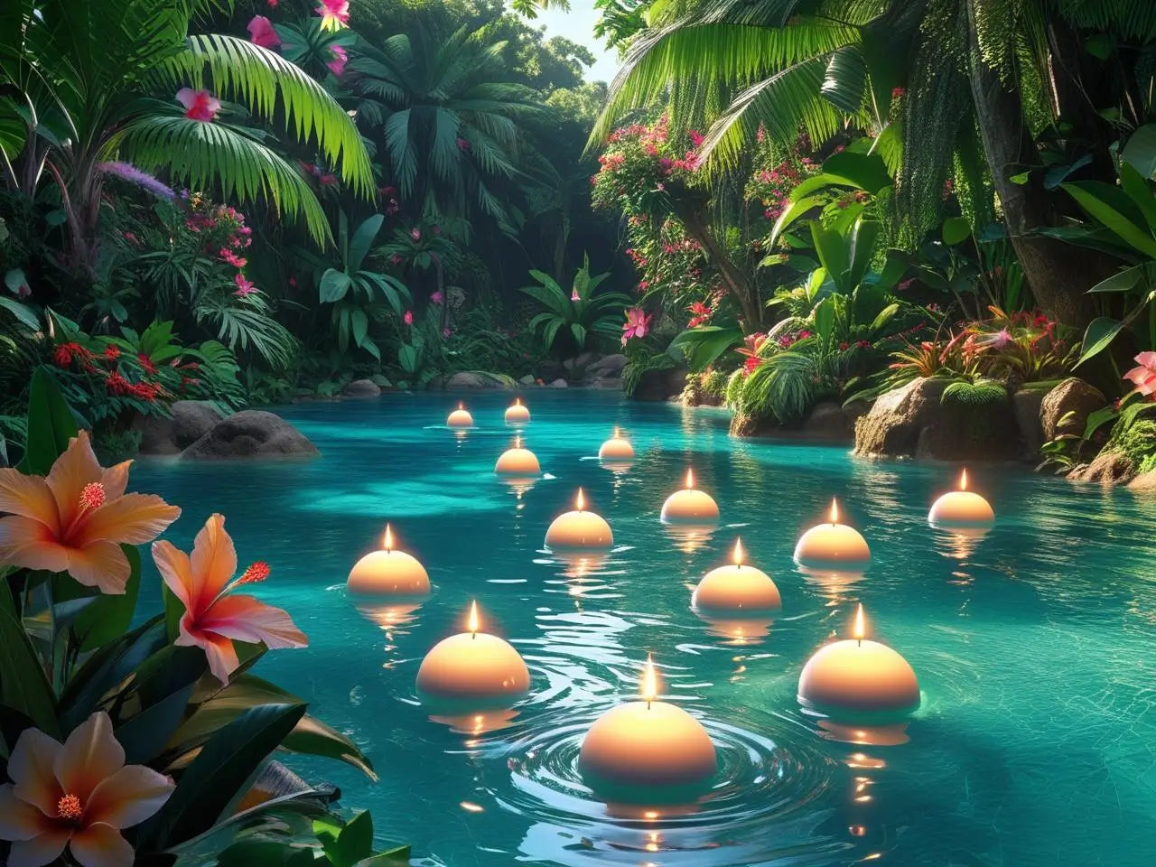 Candles floating in a tropical pool surrounded by lush greenery and flowers