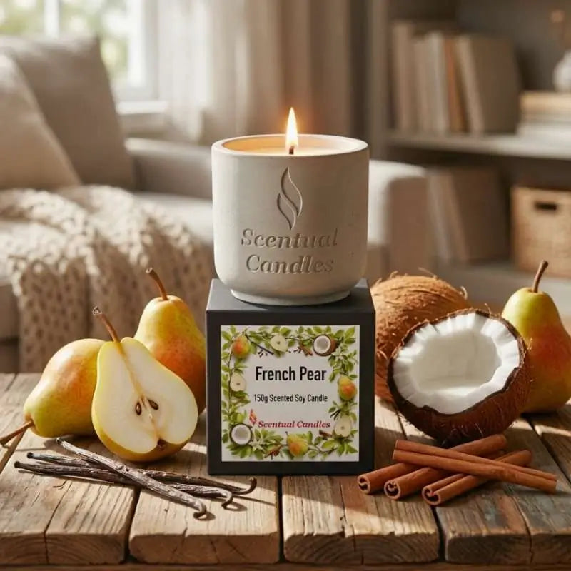 French Pear Candle on a wooden table surrounded by pears, coconut, and cinnamon sticks in a cozy setting.