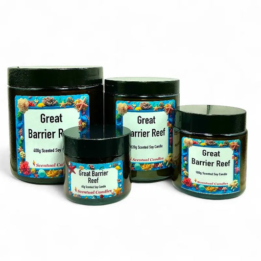 Tropical Scented Candle Great Barrier Reef collection featuring colorful labels inspired by the Whitsunday Islands.