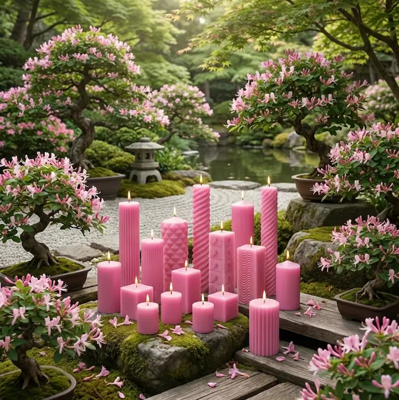 Pink honeysuckle candles on a wooden platform with a garden and pond in the background