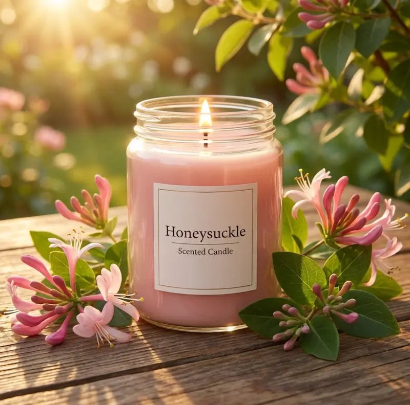 Honeysuckle scented candle in a jar with flowers on a wooden surface